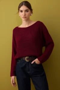 TRENDYOLMİLLA Non-Body Burgundy Wide Pattern Basic Boat Neck Knitwear Sweater - Image 2