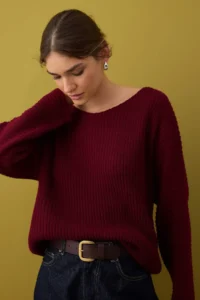 TRENDYOLMİLLA Non-Body Burgundy Wide Pattern Basic Boat Neck Knitwear Sweater - Image 3