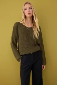 TRENDYOLMİLLA Khaki Wide Pattern Basic Boat Neck Knitwear Sweater - Image 2