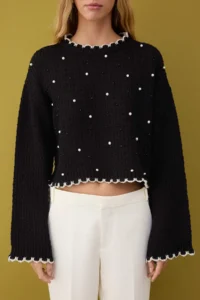 TRENDYOLMİLLA Black Wide Pattern Short/Crop Pearl Detailed Knitwear Sweater - Image 3