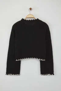 TRENDYOLMİLLA Black Wide Pattern Short/Crop Pearl Detailed Knitwear Sweater - Image 6