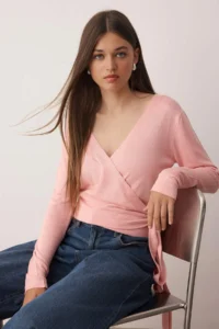 TRENDYOLMİLLA PINK Double breasted Collar tied up Crop/Short Thin Knitwear Sweater