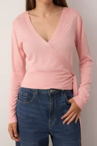 TRENDYOLMİLLA PINK Double breasted Collar tied up Crop/Short Thin Knitwear Sweater - Image 3