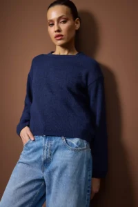 TRENDYOLMİLLA Indigo More Sustainable Cotton Wide Pattern Basic Knitwear Sweater - Image 2