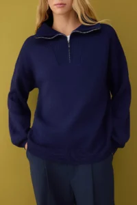 TRENDYOLMİLLA Non-body Selecting NAVY BLUE Wide Pattern Zippered Knitwear Sweater - Image 4