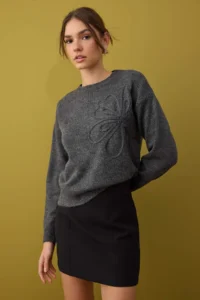 TRENDYOLMİLLA Anthracite Soft textured Flower pattern Embroidered Knitwear Sweater