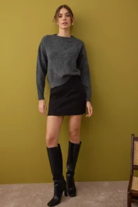 TRENDYOLMİLLA Anthracite Soft textured Flower pattern Embroidered Knitwear Sweater - Image 2