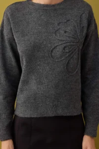 TRENDYOLMİLLA Anthracite Soft textured Flower pattern Embroidered Knitwear Sweater - Image 3