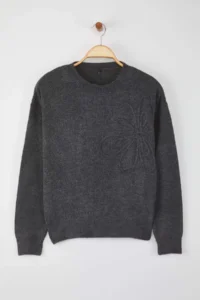 TRENDYOLMİLLA Anthracite Soft textured Flower pattern Embroidered Knitwear Sweater - Image 5