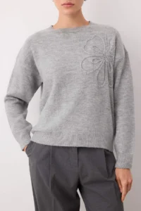 TRENDYOLMİLLA Light Gray Soft textured flower patterned Knitwear Sweater - Image 3
