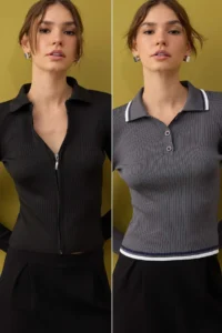 TRENDYOLMİLLA Gray-Black 2 Sets Basic Short/Crop 2 Sets Paketl Knitwear Bodysuit Cardigan-Sweater