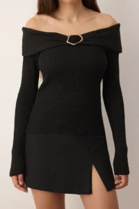 TRENDYOLMİLLA Black Accessory Detailed Carmen Collar Thin Knitwear Sweater - Image 3