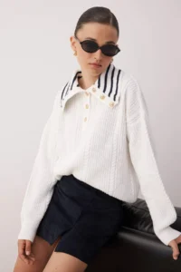 TRENDYOLMİLLA Ecru Hair Braided Wide Pattern Turndown collar Knitwear Sweater