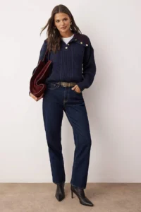 TRENDYOLMİLLA NAVY BLUE Braided Wide Pattern Turndown collar Knitwear Sweater - Image 2