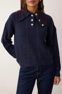 TRENDYOLMİLLA NAVY BLUE Braided Wide Pattern Turndown collar Knitwear Sweater - Image 3