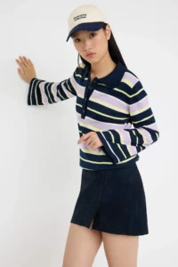 TRENDYOLMİLLA NAVY BLUE Polo Shirt Collar Striped Knitwear Sweater
