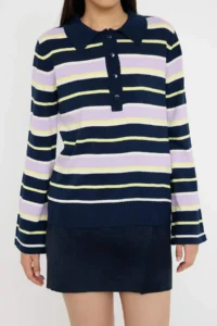 TRENDYOLMİLLA NAVY BLUE Polo Shirt Collar Striped Knitwear Sweater - Image 3