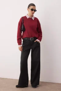 TRENDYOLMİLLA Dark Red Viscose Content Wide Pattern Basic Knitwear Sweater - Image 2