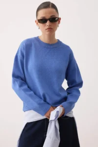TRENDYOLMİLLA Saks BLUE Viscose Content Wide Pattern Basic Knitwear Sweater