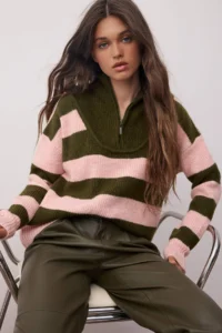 TRENDYOLMİLLA Khaki Soft textured Striped Wide Pattern Knitwear Sweater - Image 2