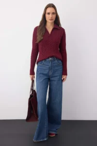 TRENDYOLMİLLA Wardrobe Essentials Burgundy Premium YarnBraided Knitwear Sweater | - Image 2