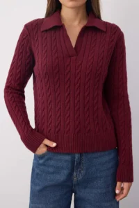 TRENDYOLMİLLA Wardrobe Essentials Burgundy Premium YarnBraided Knitwear Sweater | - Image 3