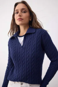 TRENDYOLMİLLA Wardrobe Essentials NAVY BLUE Premium YarnBraided Knitwear Sweater |