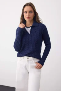 TRENDYOLMİLLA Wardrobe Essentials NAVY BLUE Premium YarnBraided Knitwear Sweater | - Image 2