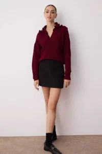 TRENDYOLMİLLA Burgundy Turndown collar Rose Accessory Detailed Knitwear Sweater - Image 2