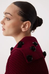 TRENDYOLMİLLA Burgundy Turndown collar Rose Accessory Detailed Knitwear Sweater - Image 3