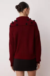 TRENDYOLMİLLA Burgundy Turndown collar Rose Accessory Detailed Knitwear Sweater - Image 4