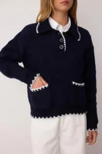 TRENDYOLMİLLA NAVY BLUE Soft textured Wide Pattern Knitwear Sweater - Image 3