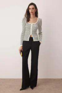 TRENDYOLMİLLA Ecru Striped Square Neck Knitwear Bodysuit Sweater - Image 2