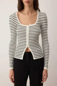 TRENDYOLMİLLA Ecru Striped Square Neck Knitwear Bodysuit Sweater - Image 3