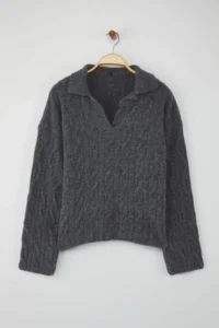 TRENDYOLMİLLA Wardrobe Essentials Anthracite Woolly Soft textured Wide Pattern Knitwear Sweater| - Image 5