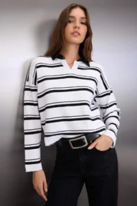 TRENDYOLMİLLA Black Cotton Wide Pattern Shirt Collar Striped Knitwear Sweater