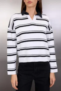 TRENDYOLMİLLA Black Cotton Wide Pattern Shirt Collar Striped Knitwear Sweater - Image 3