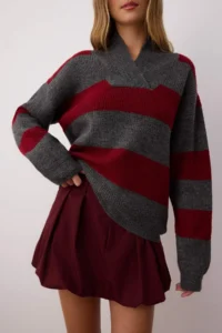 TRENDYOLMİLLA Burgundy Soft textured Wide Pattern Thick V-neck Knitwear Sweater - Image 3