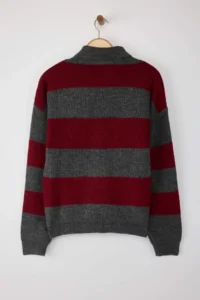 TRENDYOLMİLLA Burgundy Soft textured Wide Pattern Thick V-neck Knitwear Sweater - Image 6
