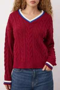 TRENDYOLMİLLA Burgundy Hair Braided College Themed Knitwear Sweater - Image 3