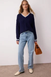 TRENDYOLMİLLA NAVY BLUE Braided College Themed Knitwear Sweater - Image 2