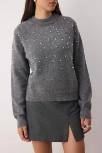 TRENDYOLMİLLA Anthracite Soft textured Stone-Pearl Detailed Knitwear Sweater - Image 3