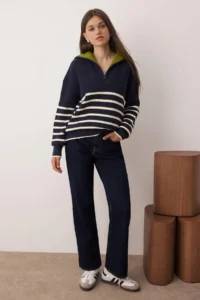 TRENDYOLMİLLA NAVY BLUE Soft textured Wide Pattern Turndown collar Knitwear Sweater - Image 2