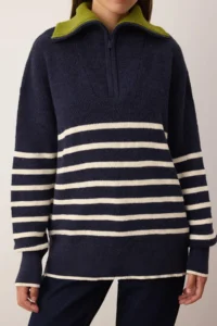TRENDYOLMİLLA NAVY BLUE Soft textured Wide Pattern Turndown collar Knitwear Sweater - Image 3