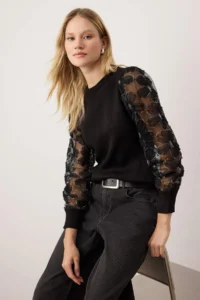 TRENDYOLMİLLA Black Tulle Garnili Sleeve Detailed Knitwear Sweater - Image 2
