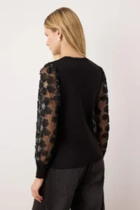 TRENDYOLMİLLA Black Tulle Garnili Sleeve Detailed Knitwear Sweater - Image 4