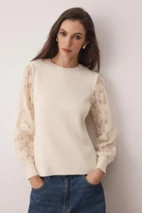 TRENDYOLMİLLA Ecru Tulle Garnili Sleeve Detailed Knitwear Sweater - Image 2