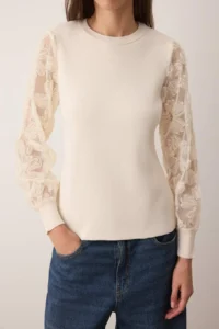 TRENDYOLMİLLA Ecru Tulle Garnili Sleeve Detailed Knitwear Sweater - Image 3