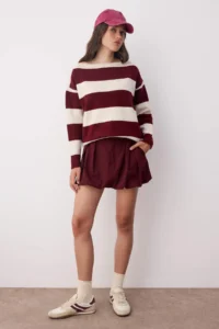 TRENDYOLMİLLA Ecru Soft textured Wide Pattern Striped Knitwear Sweater - Image 2