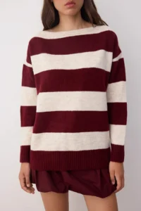 TRENDYOLMİLLA Ecru Soft textured Wide Pattern Striped Knitwear Sweater - Image 3